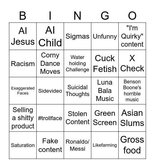 Youtube Shorts Bingo Card