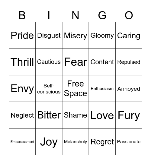Identifying Emotions Bingo Card