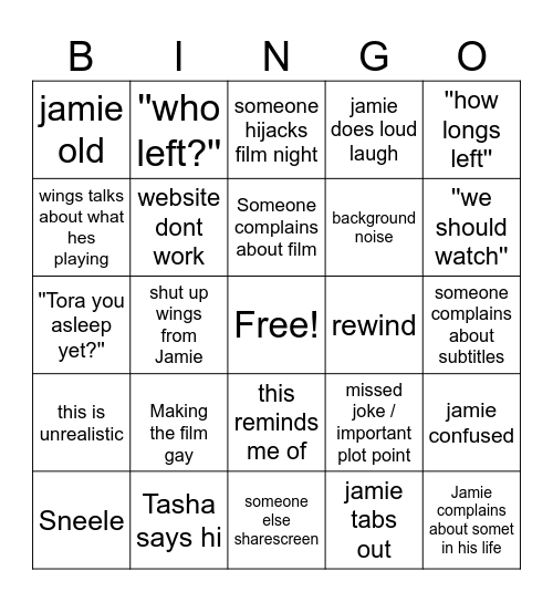 Film Night Bingo Card