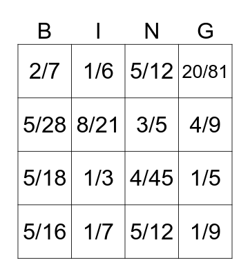 Multiplying Fractions Bingo Card