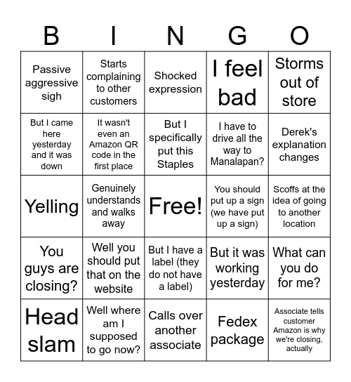 Amazon Returns are Down Bingo Card