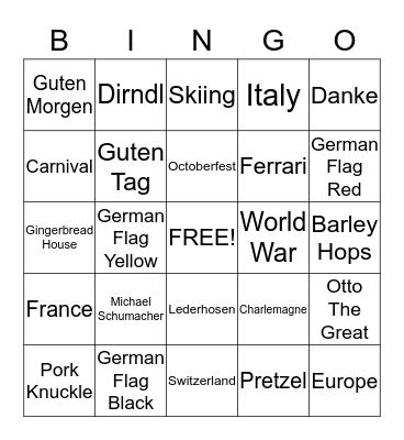 Germany Bingo Game Bingo Card