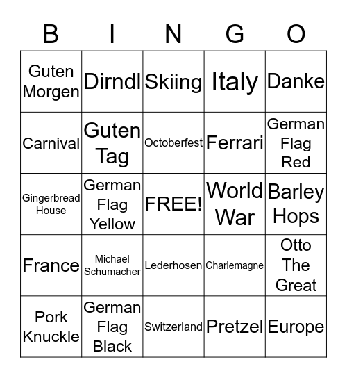 Germany Bingo Game Bingo Card