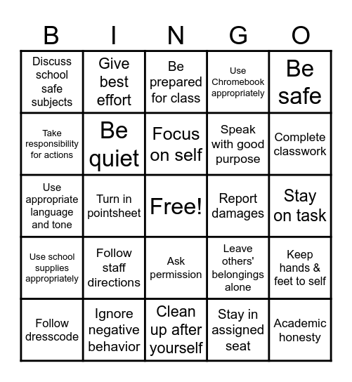 ORS Classroom Behavior Expectations Bingo Card