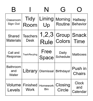Classroom Procedures Bingo Card