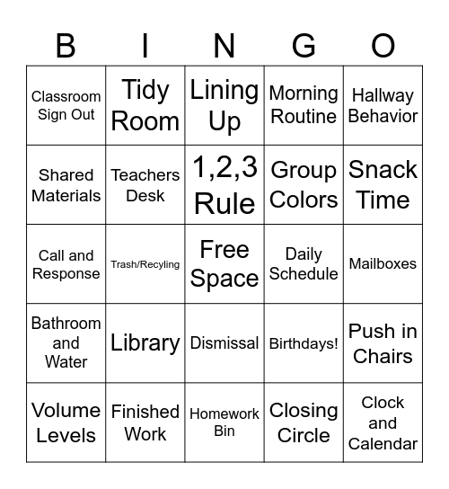 Classroom Procedures Bingo Card