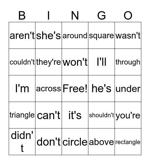 Contractions and Shapes Bingo Card