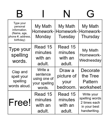 Homework Bingo- Group 2 (11/14) Bingo Card
