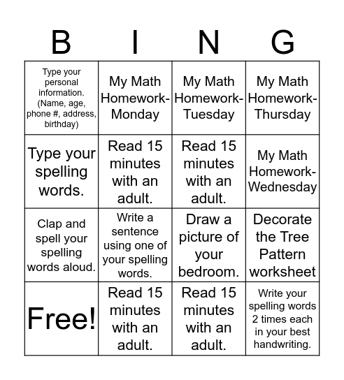 Homework Bingo- Group 2 (11/14) Bingo Card