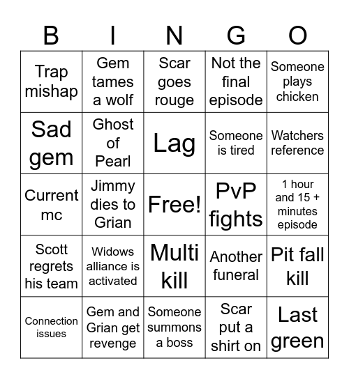 Episode 8 Bingo Card