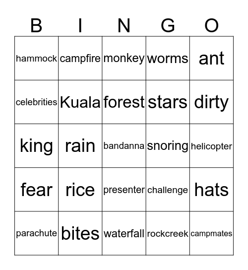 I'M A CELEBRITY... Bingo Card