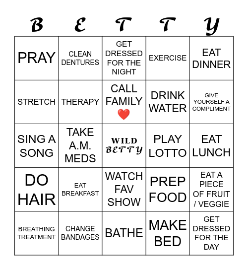 Bettys' Daily Tasks Bingo Card