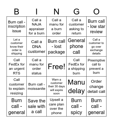 Phone Call Bingo Card