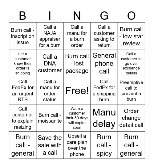 Phone Call Bingo Card