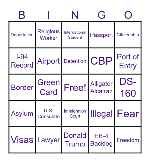 Immigration Bingo Card