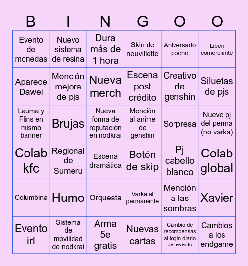 Stream Genshin Nodkrai + aniversario Bingo Card