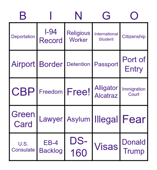 Immigration Bingo Card