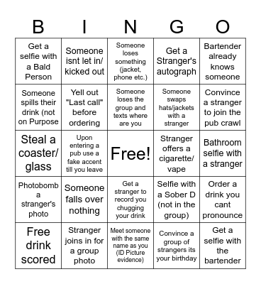 Pub Crawl Bingo Card