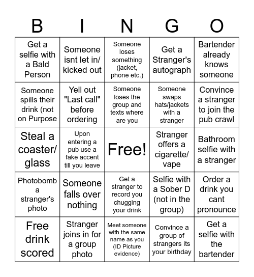 Pub Crawl Bingo Card