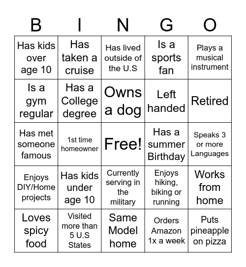 Scavenger hunt bingo Card