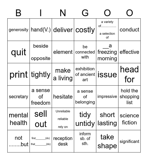 开学考 list 1 Bingo Card