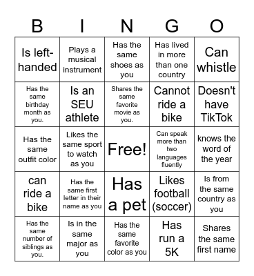 Welcome party Bingo Card
