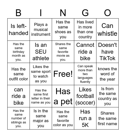 Welcome party Bingo Card