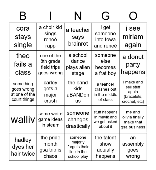8th grade bingo Card