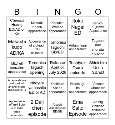 Bleach cour 4 - Production bingo Card