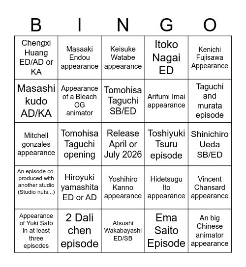 Bleach cour 4 - Production bingo Card