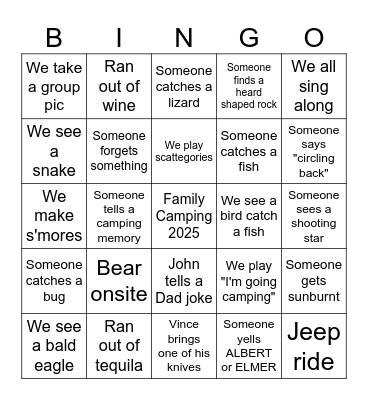 Family Camping 2025 Bingo Card