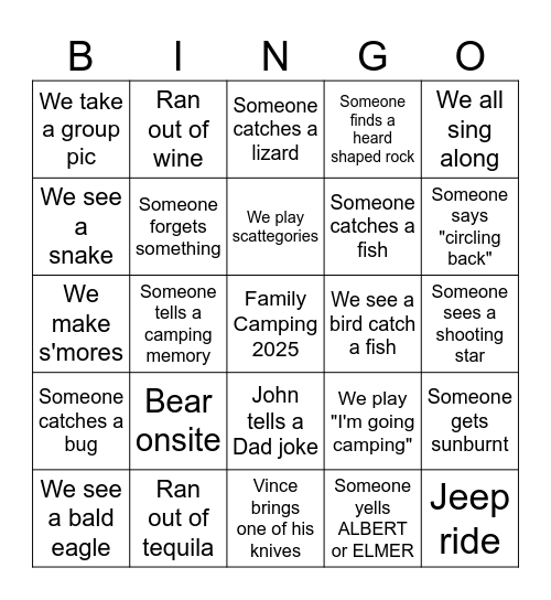 Family Camping 2025 Bingo Card