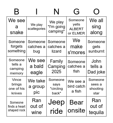 Family Camping Bingo 2025 Bingo Card