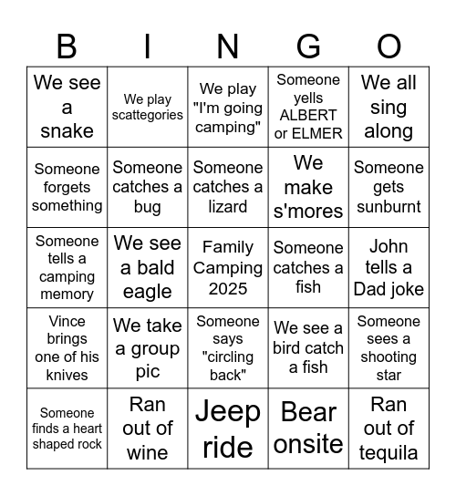 Family Camping Bingo 2025 Bingo Card