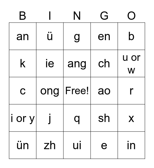 Chinese Pinyin initials and finals Bingo Card