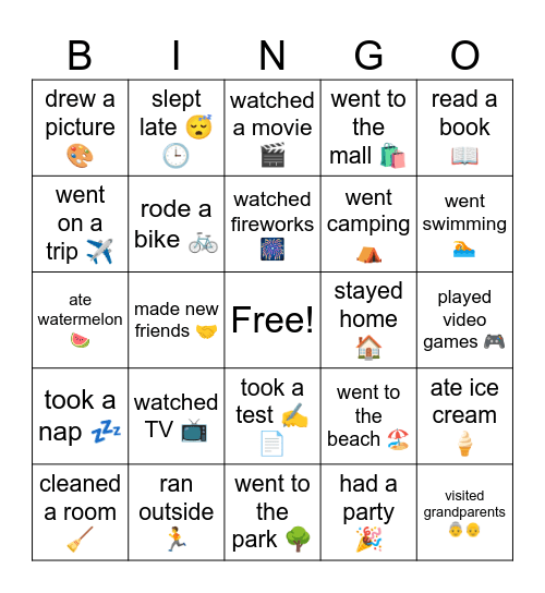 What did you do? Bingo Card