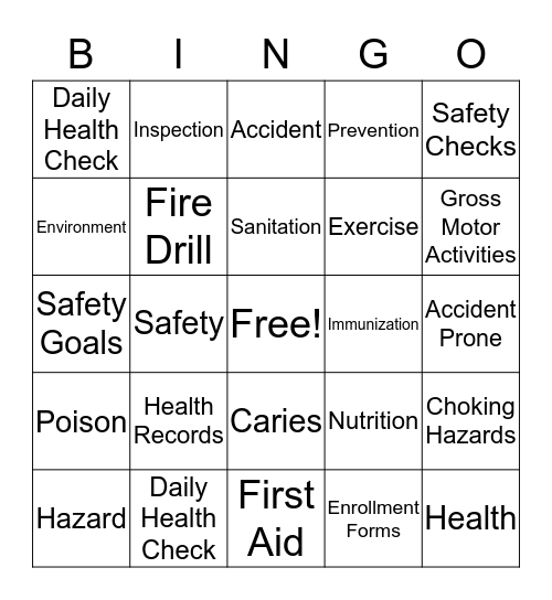 Health and Safety Bingo Card