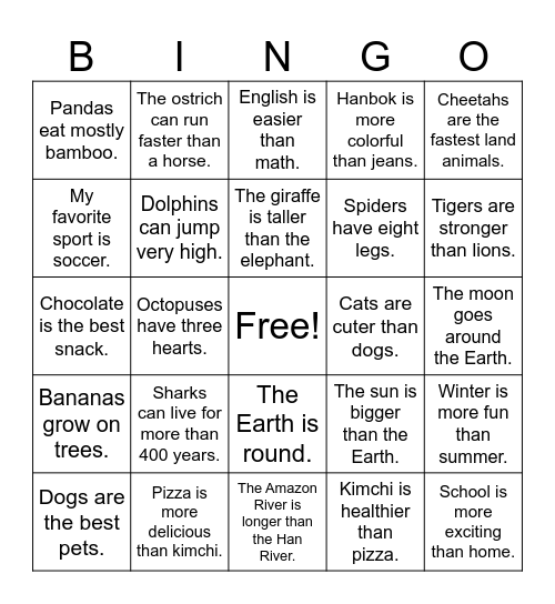 Interesting Facts Bingo Card