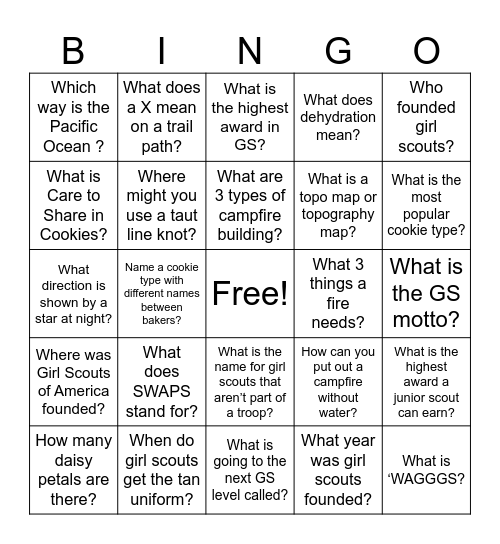 Scout Trivia Bingo Card