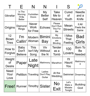 Tennis Farewell Tour Songs Bingo Card