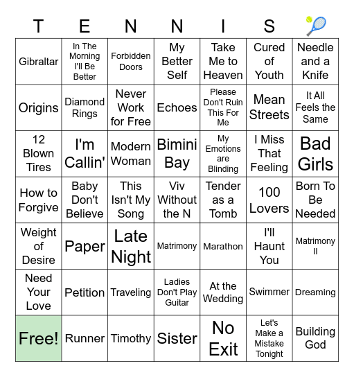 Tennis Farewell Tour Songs Bingo Card