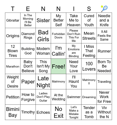 Tennis Farewell Tour Songs Bingo Card