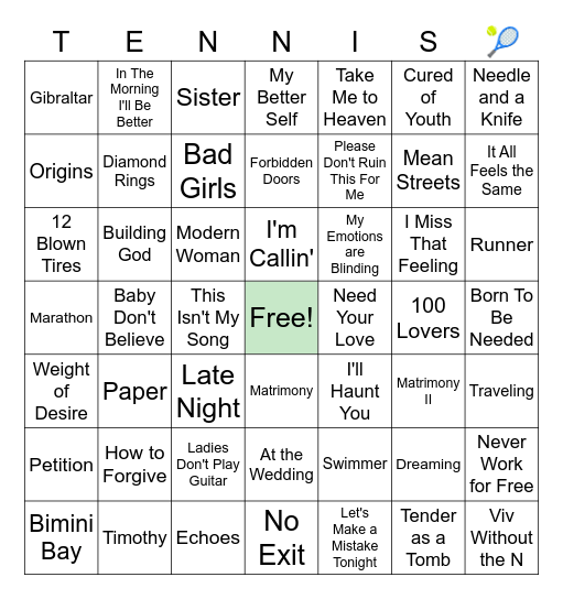 Tennis Farewell Tour Songs Bingo Card