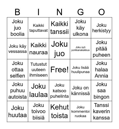 Synttäribingo Anni 20v Bingo Card