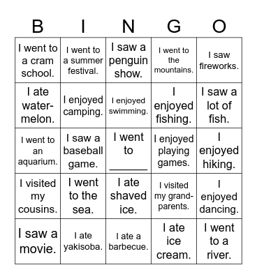 What did you do in summer? Bingo Card