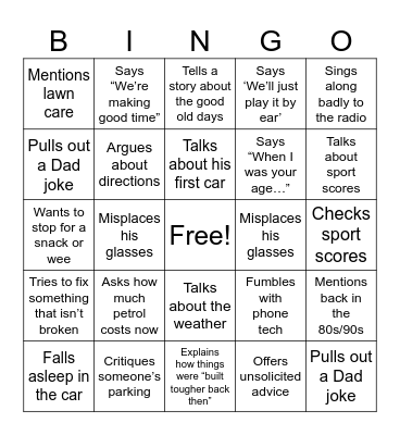 The Dads Big Road Trip Bingo Card