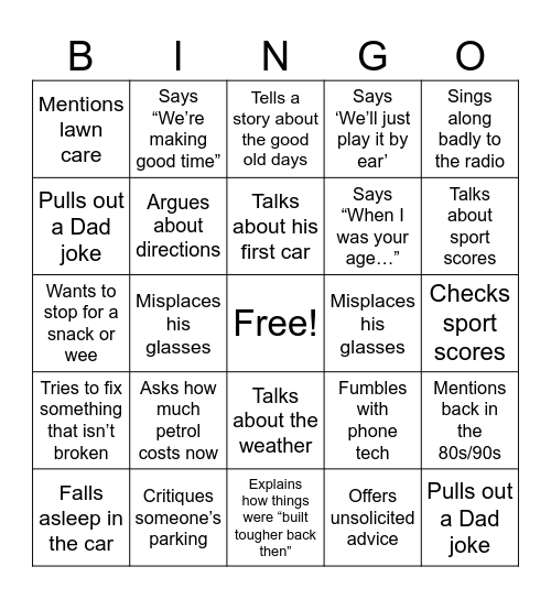 The Dads Big Road Trip Bingo Card