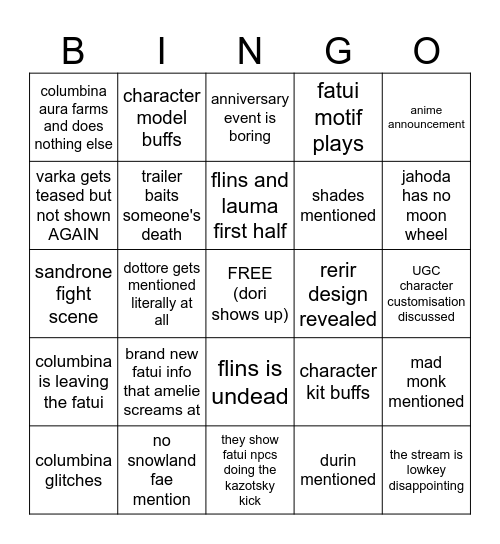 6.0 stream Bingo Card