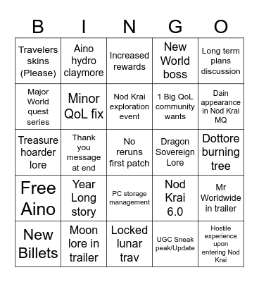 Nod Krai Bingo Card