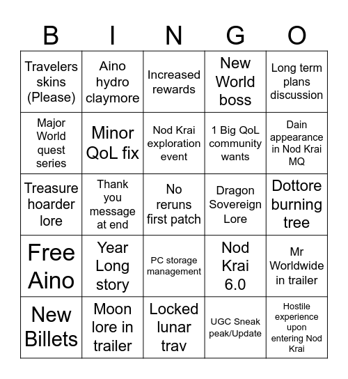 Nod Krai Bingo Card